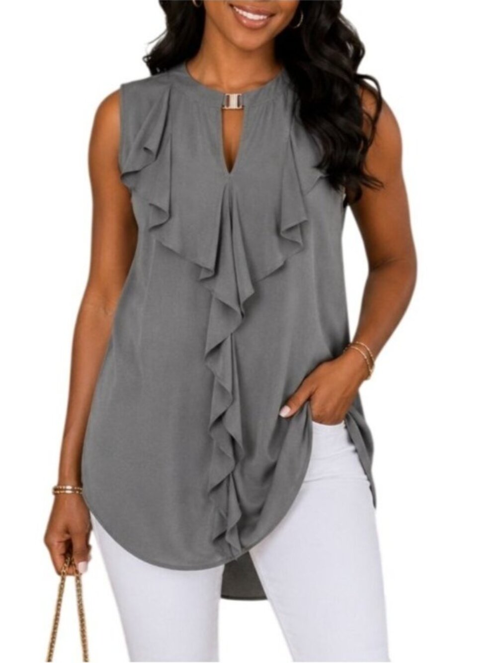 H & M Size 6 Top Sleeveless Gray Cascading Ruffle Keyhole Front Detail Blouse